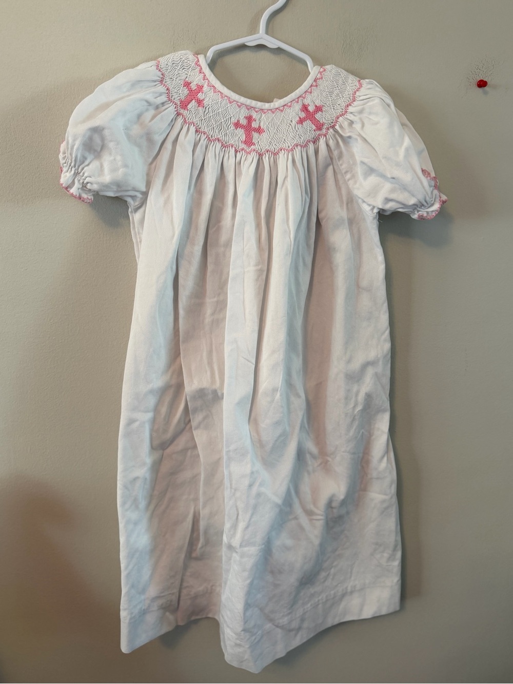 Southern Sunshine White Smocked Girl's Dress with Pink Cross Embroidery